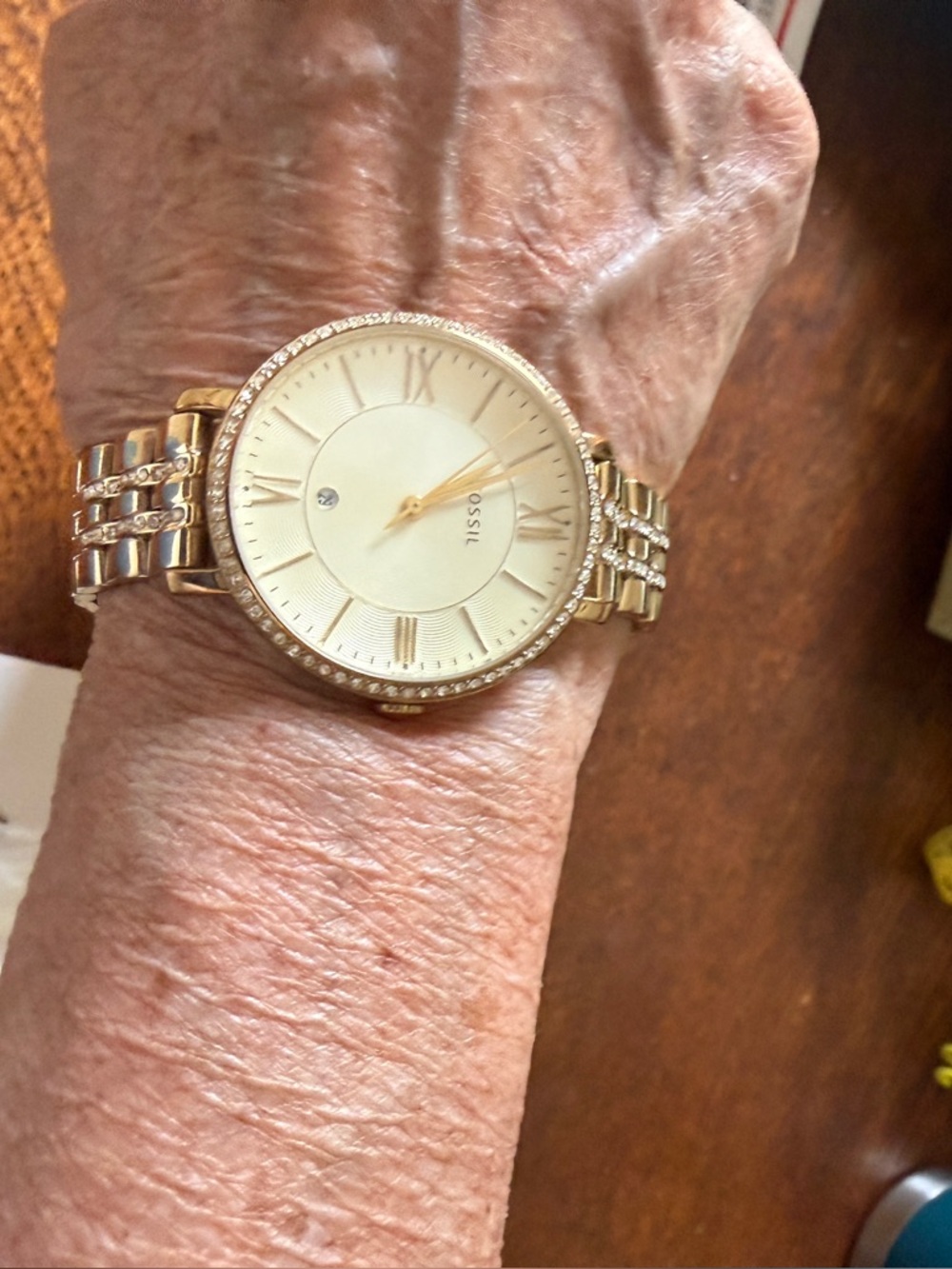 Fossil Gold-Tone Watch with Cream Dial and Crystal Accents